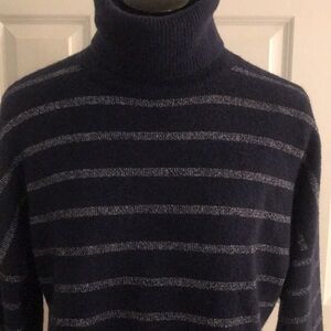 Ann Taylor Loft Navy Blue Silver Metallic Striped Turtleneck Sweater Size Large
